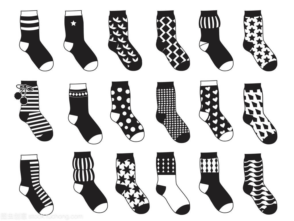 孩子的剪影襪子與不同模式。矢量單色插圖隔離